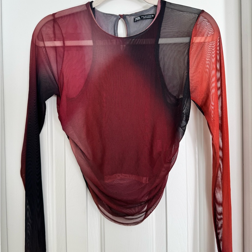 Zara Red Asymmetrical Fitted Ruched Crop Top